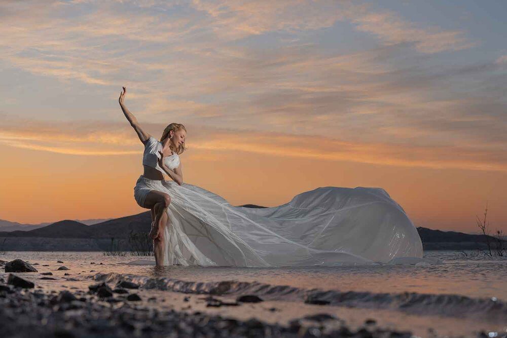 Lake Mead sunset model white dress