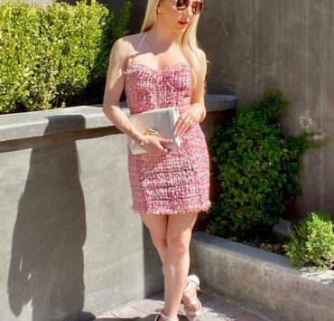 designer clothes shopping tips Eve Dawes wearing pink tweed dress