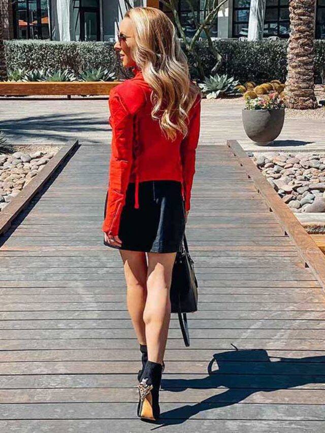 Black ankle boots red suede moto jacket womens fashion blogger Eve Dawes walking