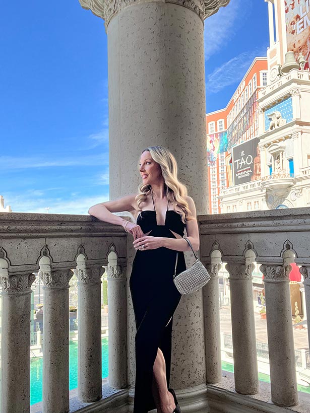 black cut out dress fashion blogger Vegas rhinestone bag