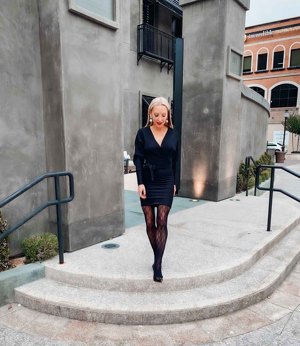 Blonde luxury fashion blogger Eve steps Black dress Gucci tights