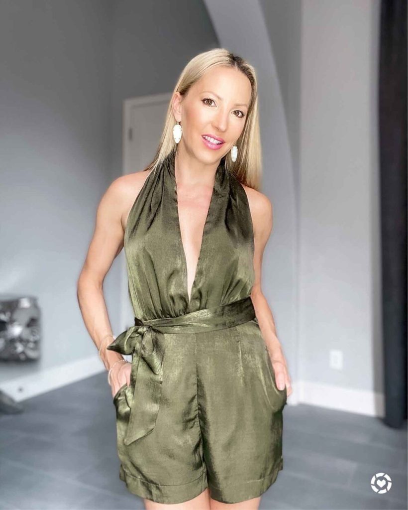 halter top romper green satin fashion blogger Eve Dawes 