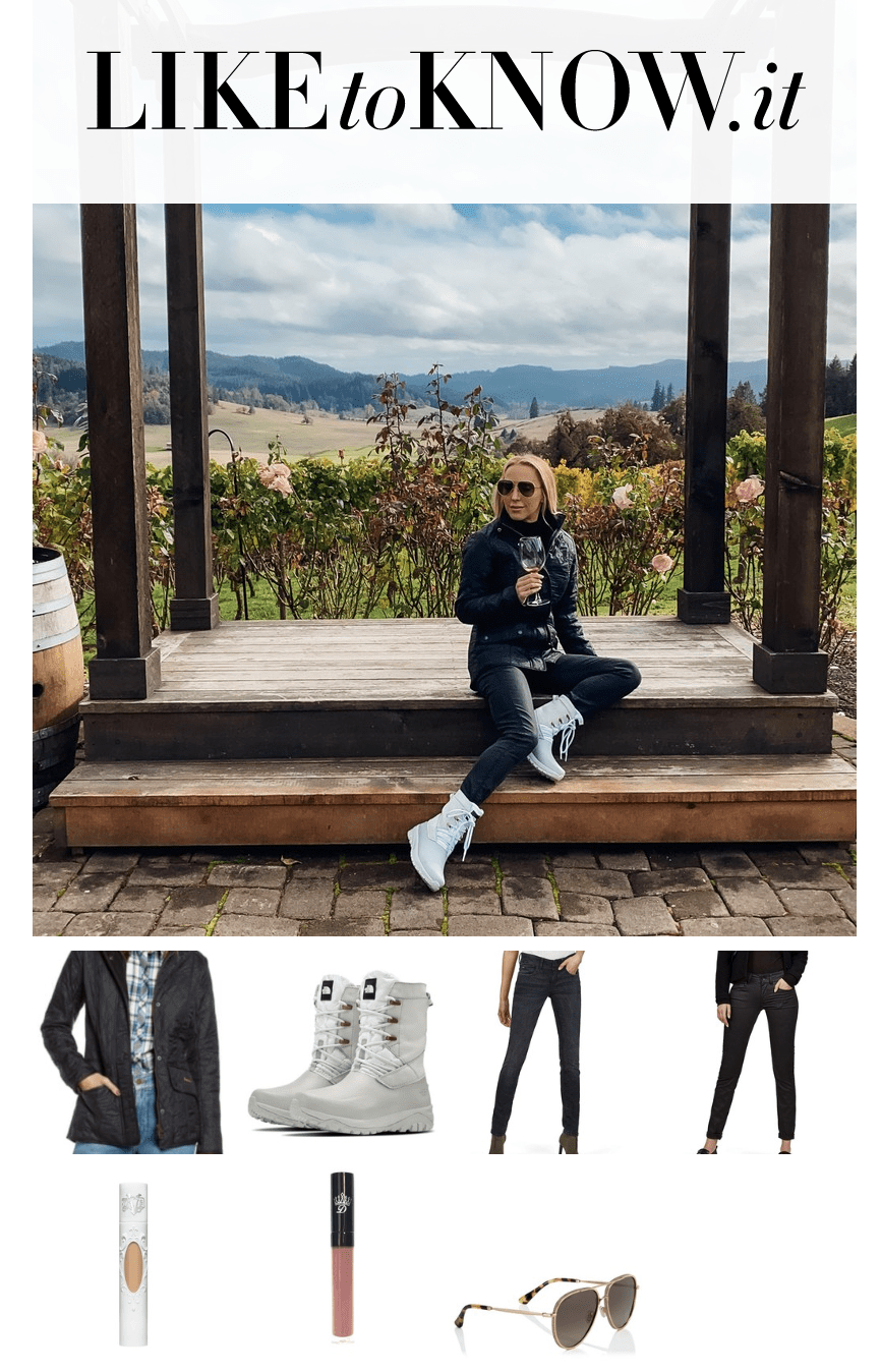 Fashion blogger sat wine white snow boots The Northface