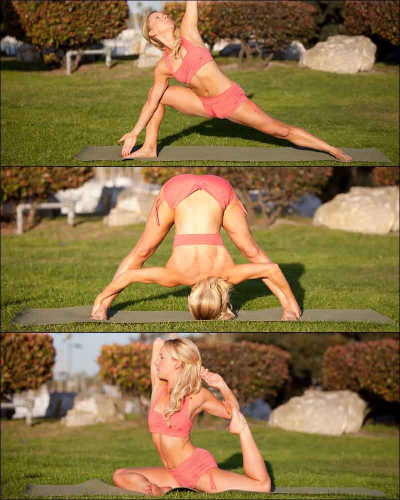 Fitness model blogger Eve Dawes active post workout recovery pigeon pose and other yoga poses