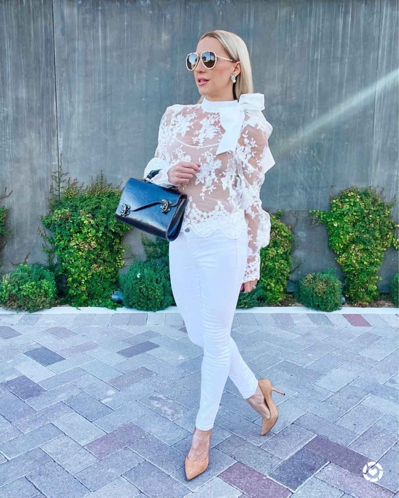 how style white jeans outfit going out lace top heels