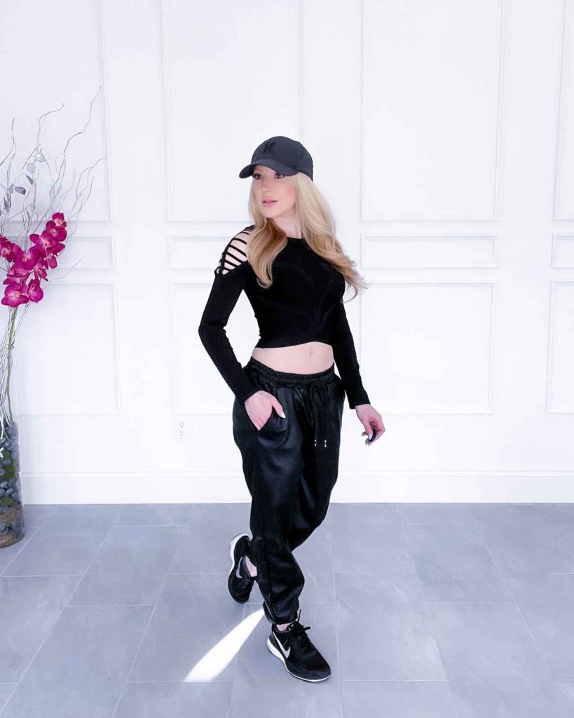 black leather joggers outfit casual atheleisure
