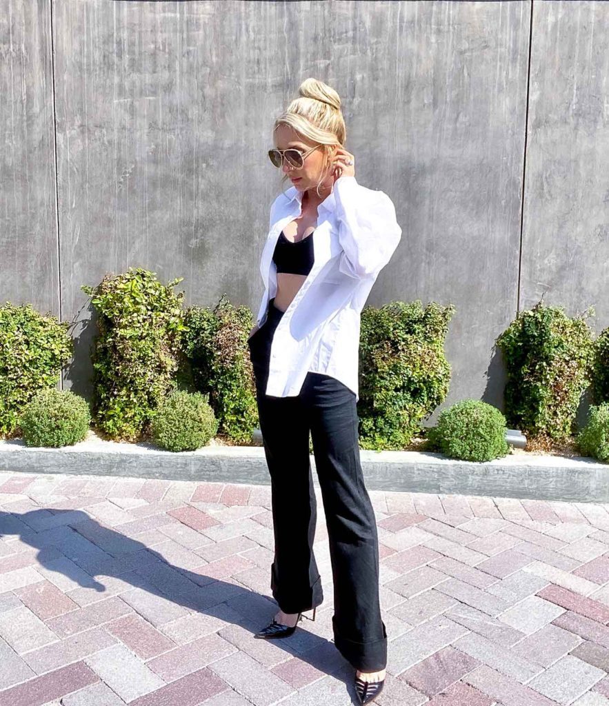 black bralette wide leg pants white shirt Fall fashion trends 2022 Eve Dawes