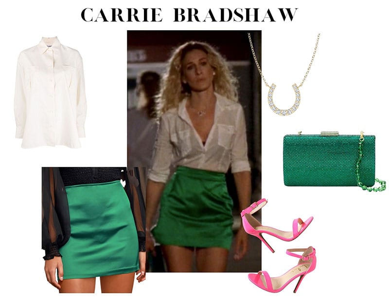 Carrie Bradshaw green satin skirt diamond horseshoe necklace
