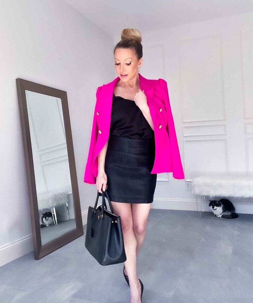 leather skirt outfit blazer glamour gains fashion blogger