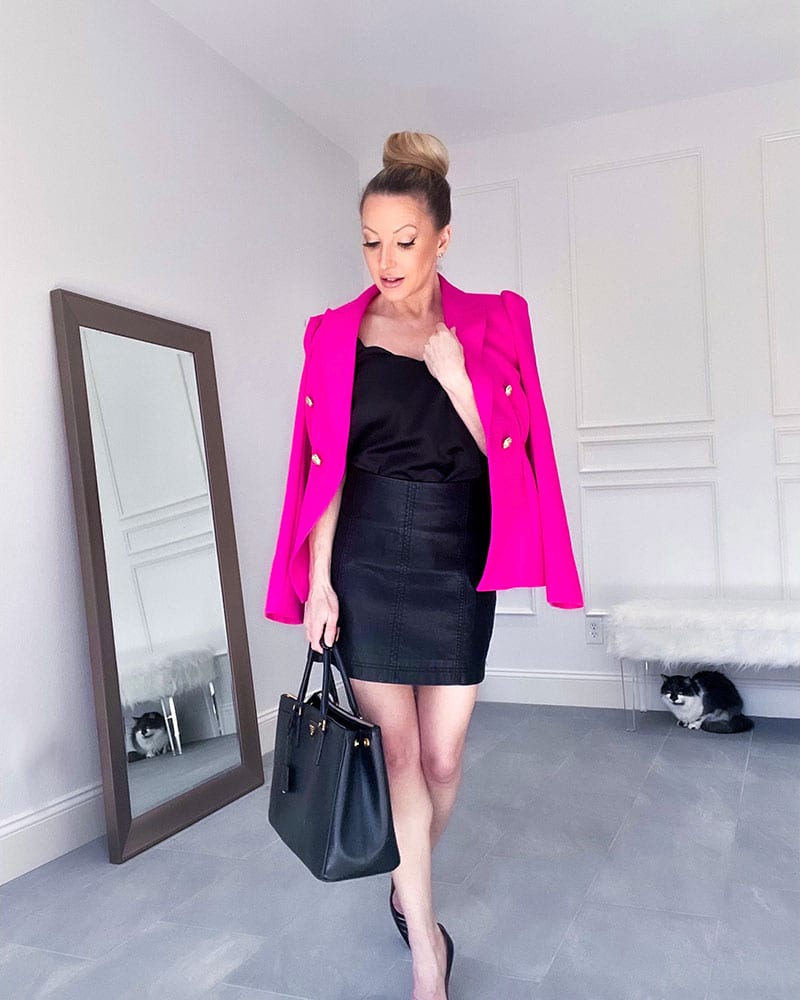 leather skirt outfit pink blazer fashion blogger Eve Dawes