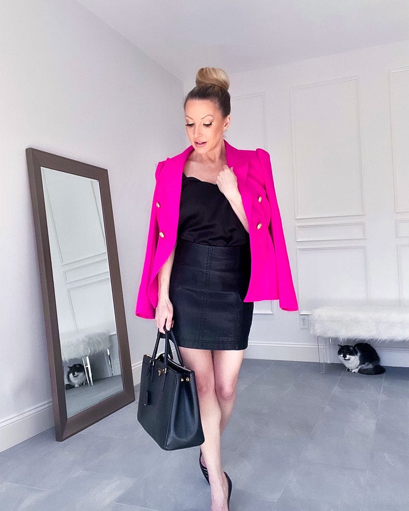 Pink faux outlet leather skirt outfit