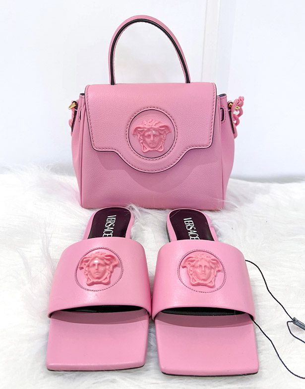 Versace medusa slides matching bag pink leather