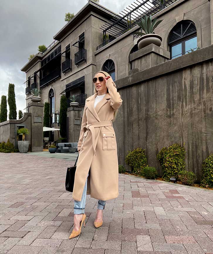 womens longe winter coat beige belted ASOS River Island Glamour Gains fashion blogger Eve