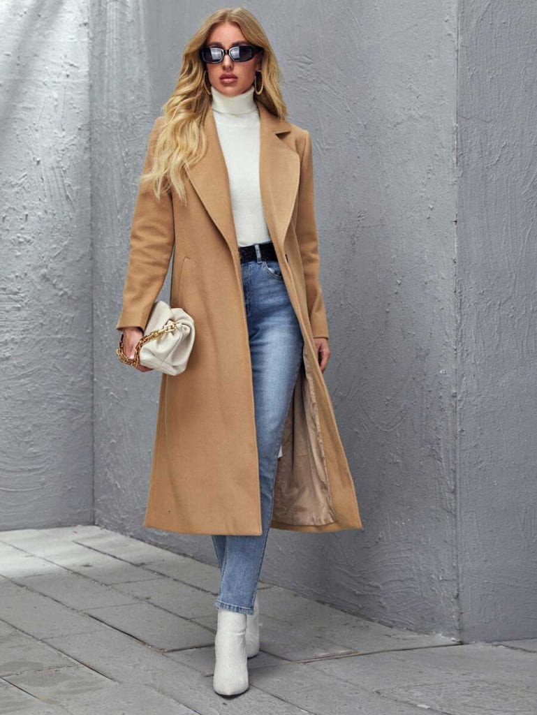 cheap long women's beige winter coat fully lined SHEIN