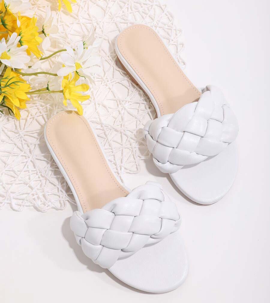 womens slide sandals white woven flats summer fashion