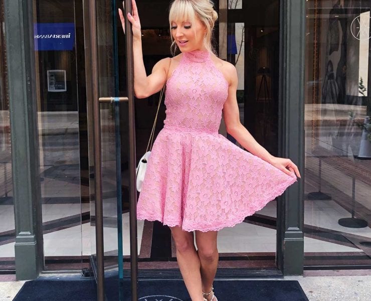 Clip in bangs blonde pink dress Glamour Gains Eve Dawes
