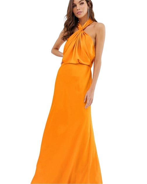 Orange satin maxi halter dress Easter outfit
