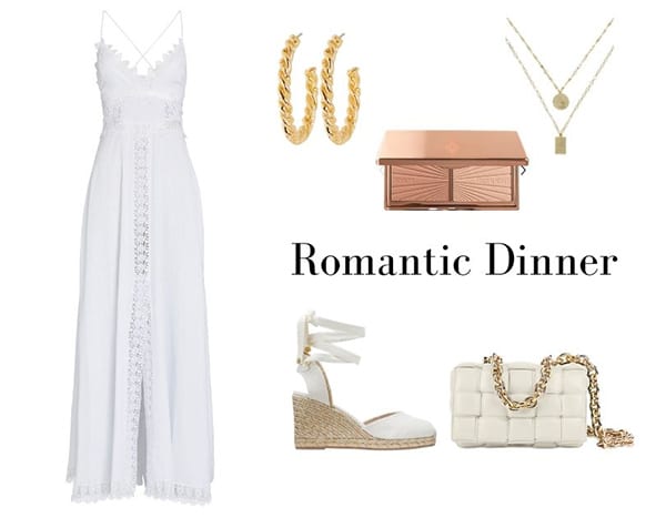 romantic beach dinner outfit white dress gold accessories summer fashion