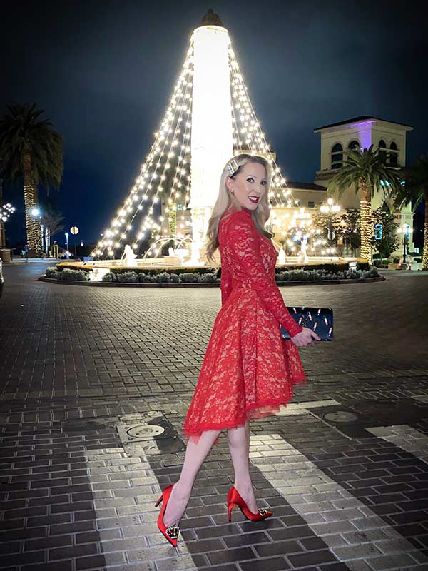 Eve Dawes red lace dress Versace heels chanel earrings