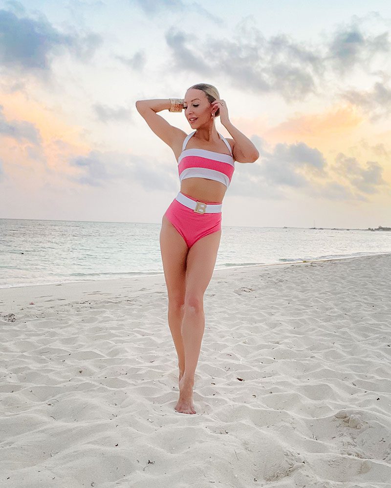 designer bikini Balmain pink high waisted Glamour Gains Eve Dawes beach