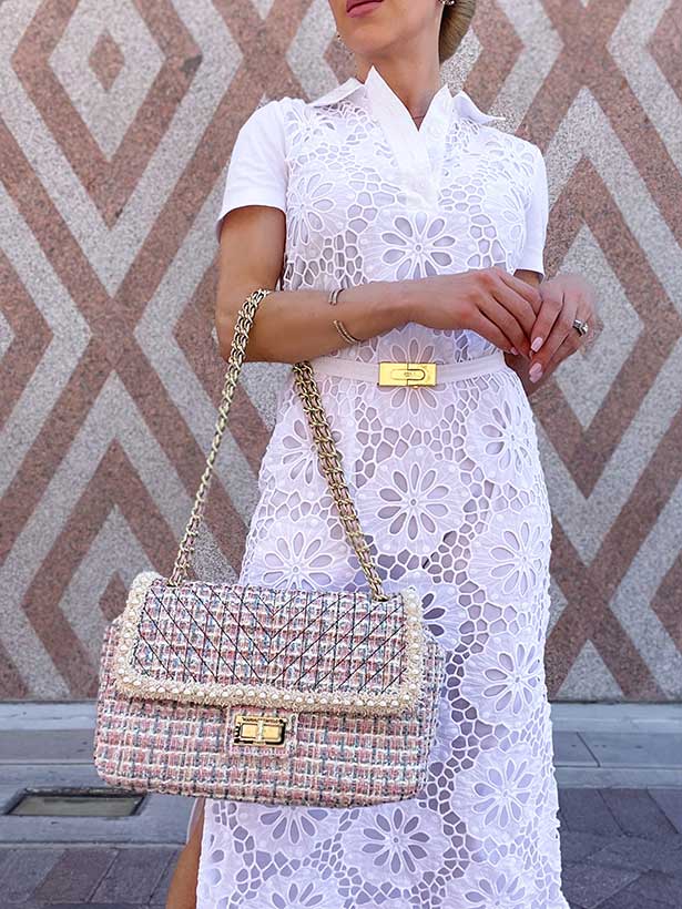 Karl Lagerfeld tweed pearl bag pink blue cream fashion blogger Eve Dawes