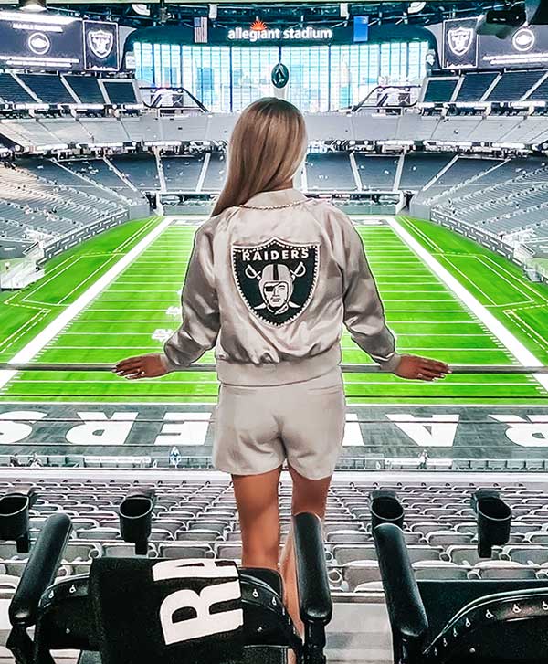 womens Raiders apparel jacket silver black inside Allegiant football stadium