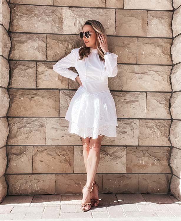 long sleeve white Broderie Anglaise dress fashion blogger Glamour Gains USA