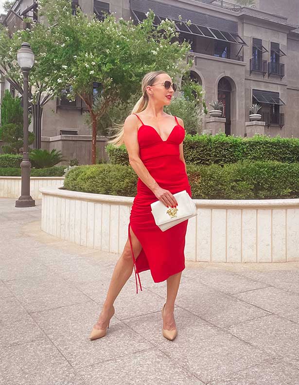 best selling nude pumps Sarah Flint fashion blogger red dress