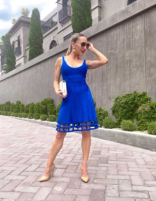 4th July dress blue designer bodycon fashion blogger Eve Dawes Herve Leger