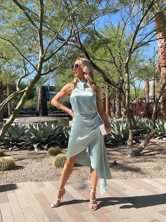 midi satin slip dress pale green high neck fall wedding guest outfit fashion blogger