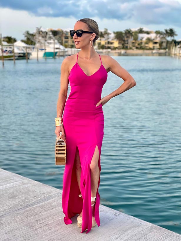 bold color trend 2024 pink maxi dress glamour gains