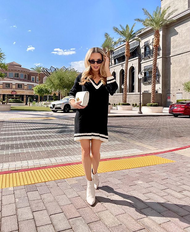 long sleeve cute sweater dress black white boots Glamour Gains street