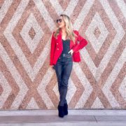 black leather pants red blazer outfit fashion blogger Glamour Gains
