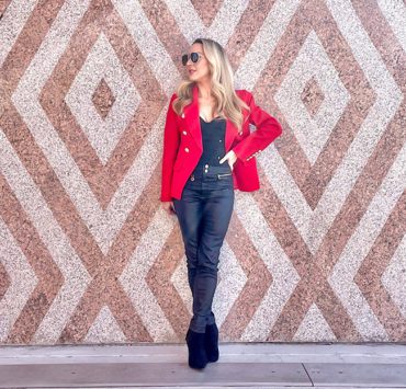 black leather pants red blazer outfit fashion blogger Glamour Gains