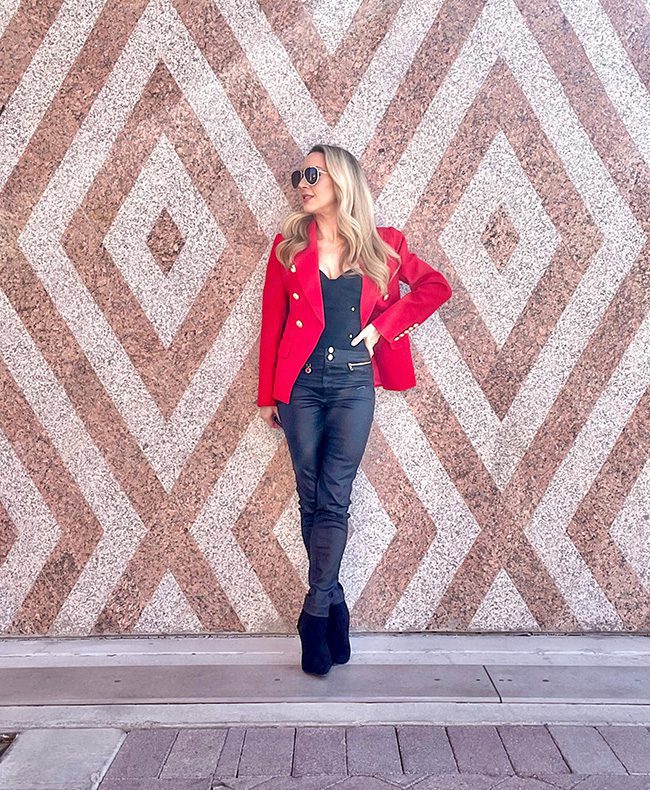 red blazer jeans black formal outfit womens fashion blogger eve dawes