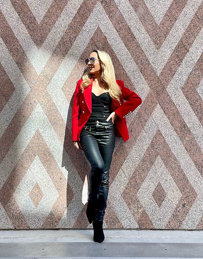 classic blazer style red double breasted outfit black jeans fashion blogger