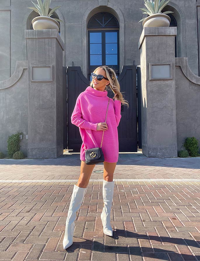 lindo vestido de suéter rosa gira blogger de moda Eve Dawes