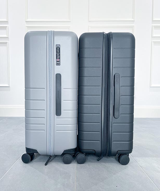 monos vs away Medium grey hardshell suitcase checked luggage