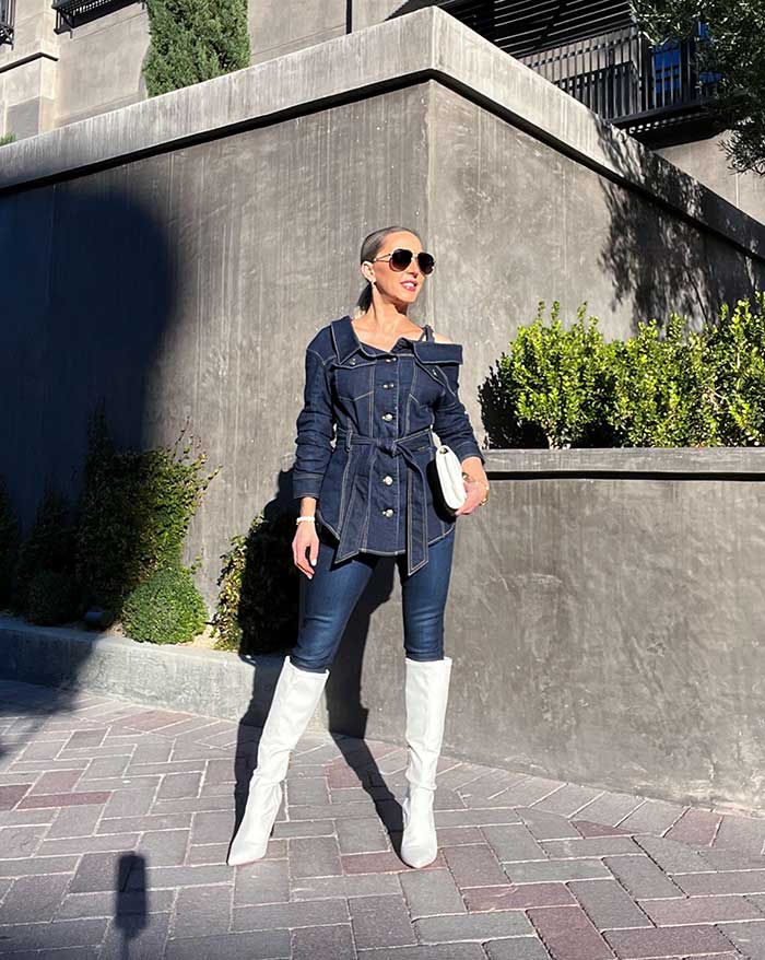 Winter trend head toe denim fashion blogger Eve Dawes Denim top jeans white boots