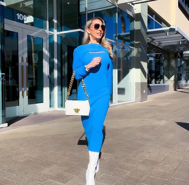 Winter OOTD fashion inspiration style stars Instagrammer blue dress white boots