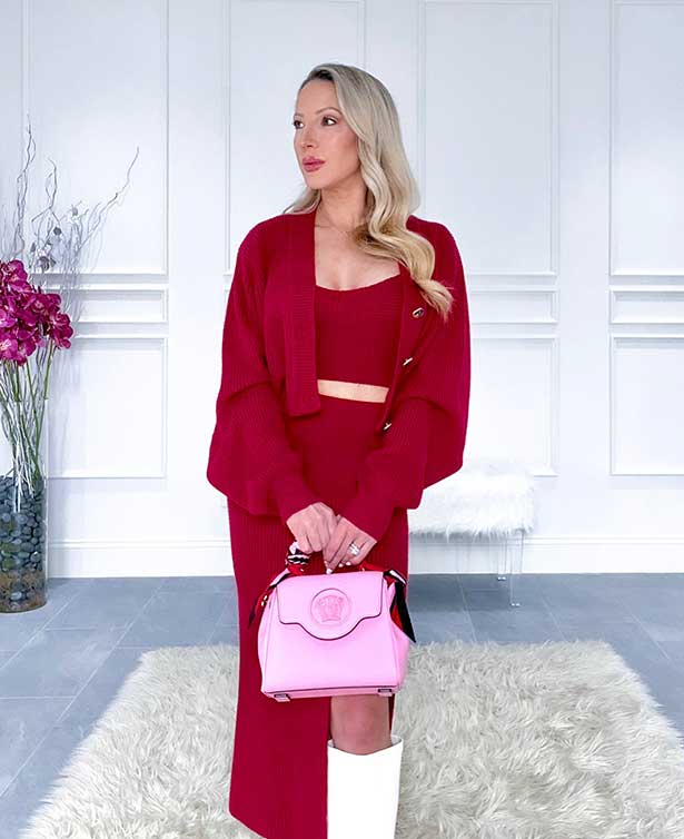 Versace bag medusa pink top handle fashion blogger spring red knit outfit