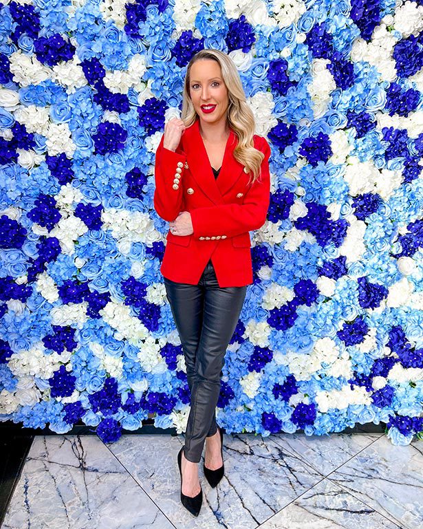 red blazer double breasted gold buttons Eve Dawes Glamour Gains fashion blogger flower wall