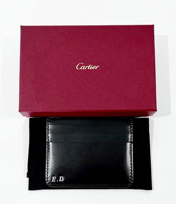 Double C de Cartier leather card holder black gold embossed initials 