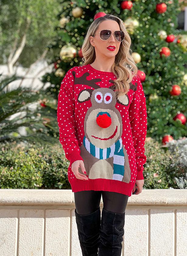 womens ugly Christmas sweater rudolph red sweatshirt fashion blogger Eve Dawes