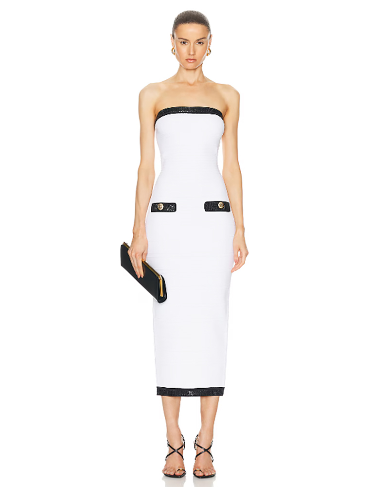 designer bodycon dress white strapless midi elegant