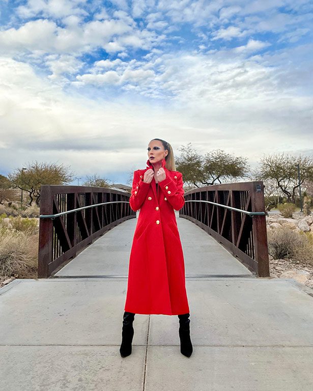 Long red coat womens fashion blogger Glamour Gains 2024