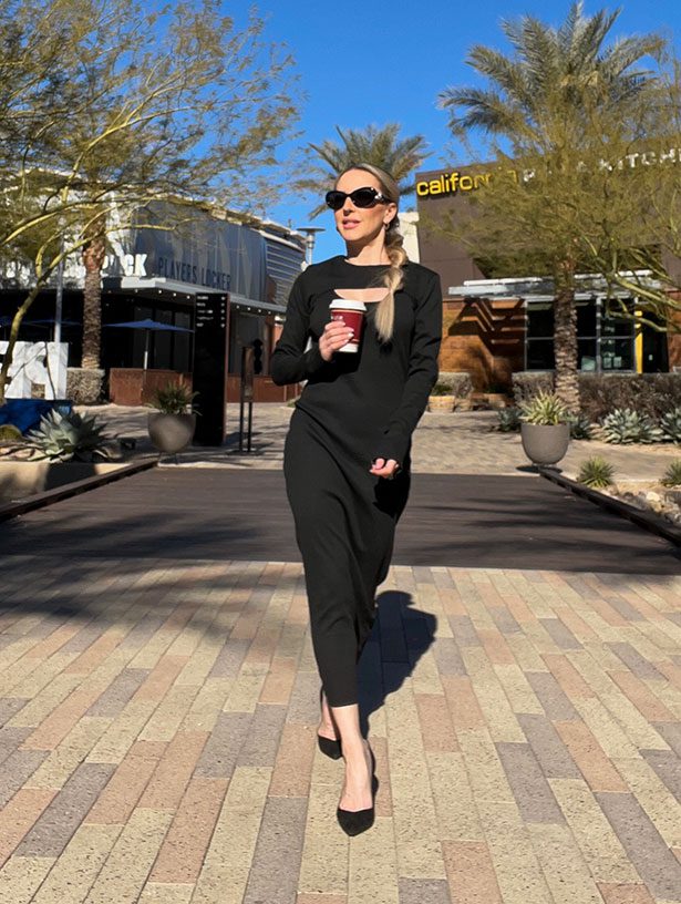 black maxi dress matching shrug spring fashion trends 2023 blogger Eve Dawes