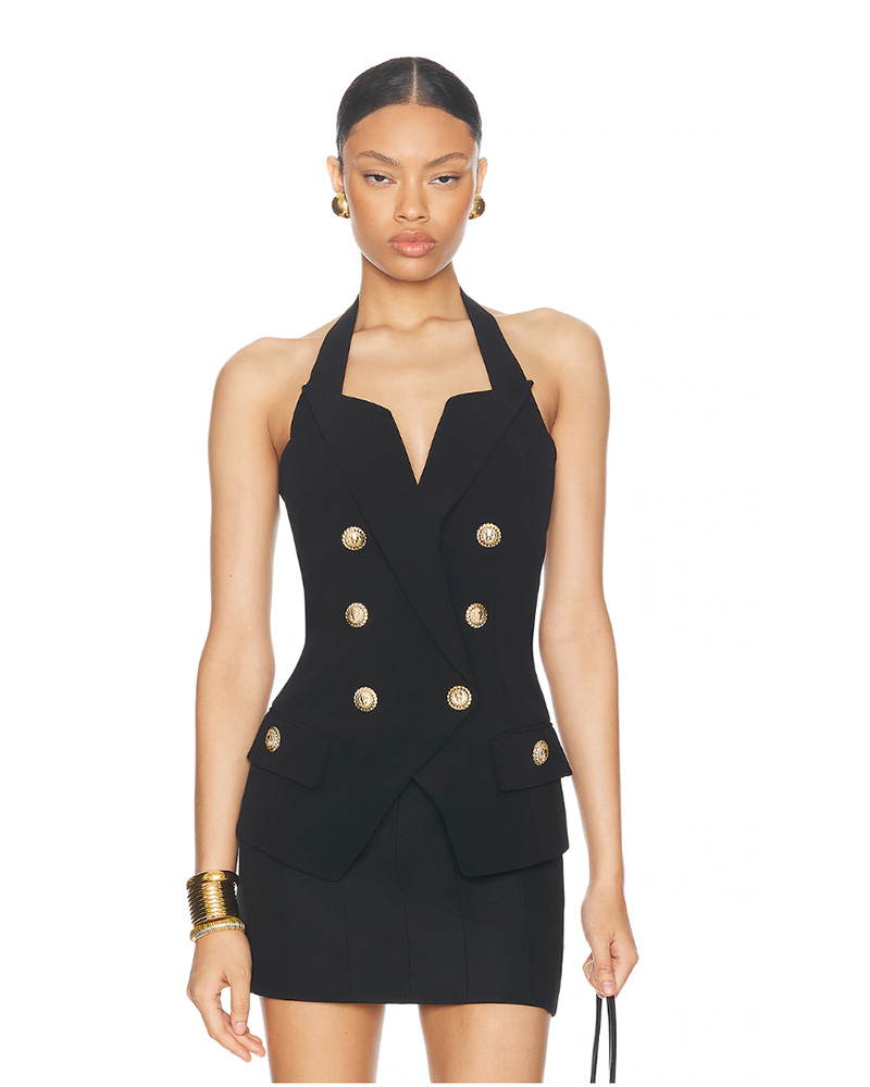 designer halter neck top Balmain black gold button