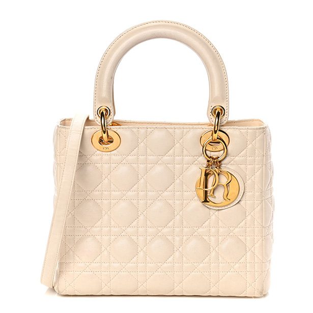 Lady Dior bag medium beige gold hardware letters quilted lambskin
