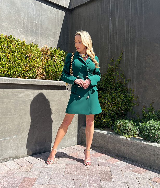Gold heels high sandals fashion blogger Eve Dawes green dress